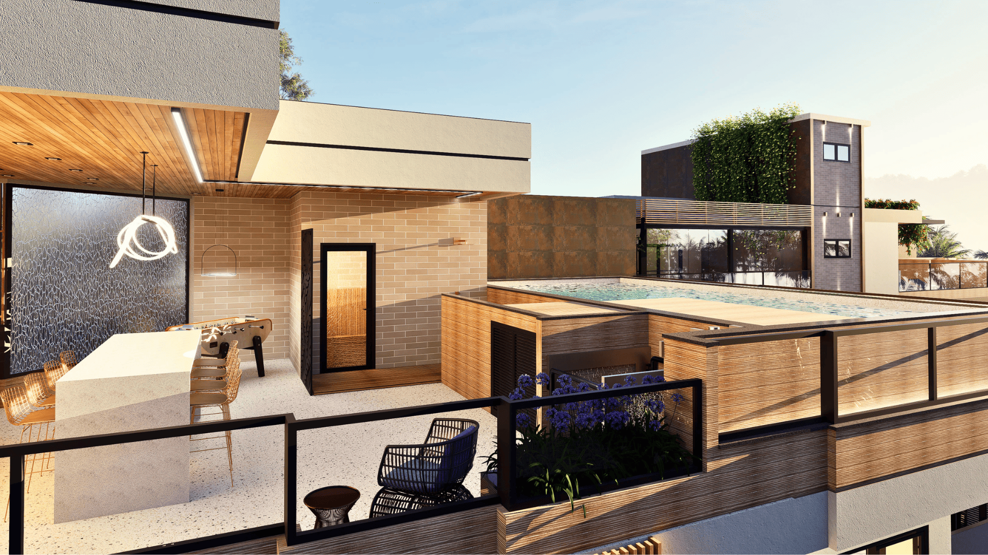 Rooftop de lazer com piscina de borda infinita, espaço de jogos e sauna integrada