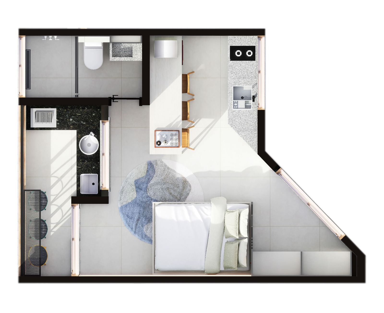 Planta ilustrada do apartamento de 30 m²