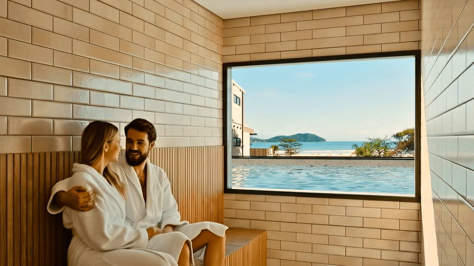 Sauna com ampla janela e vista panorâmica para o mar e a piscina