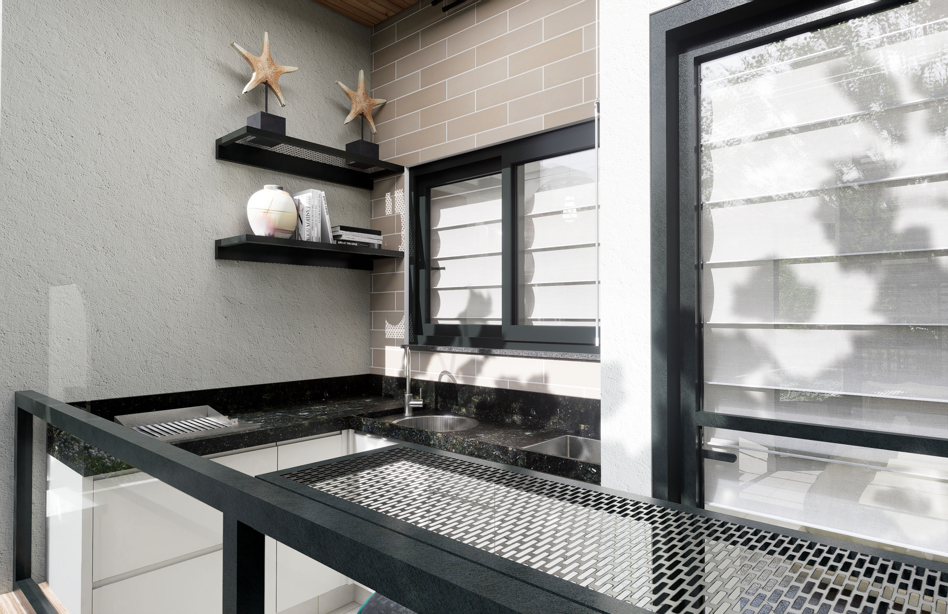 Terraço gourmet do Loft de 30 m² com churrasqueira e vista lateral
