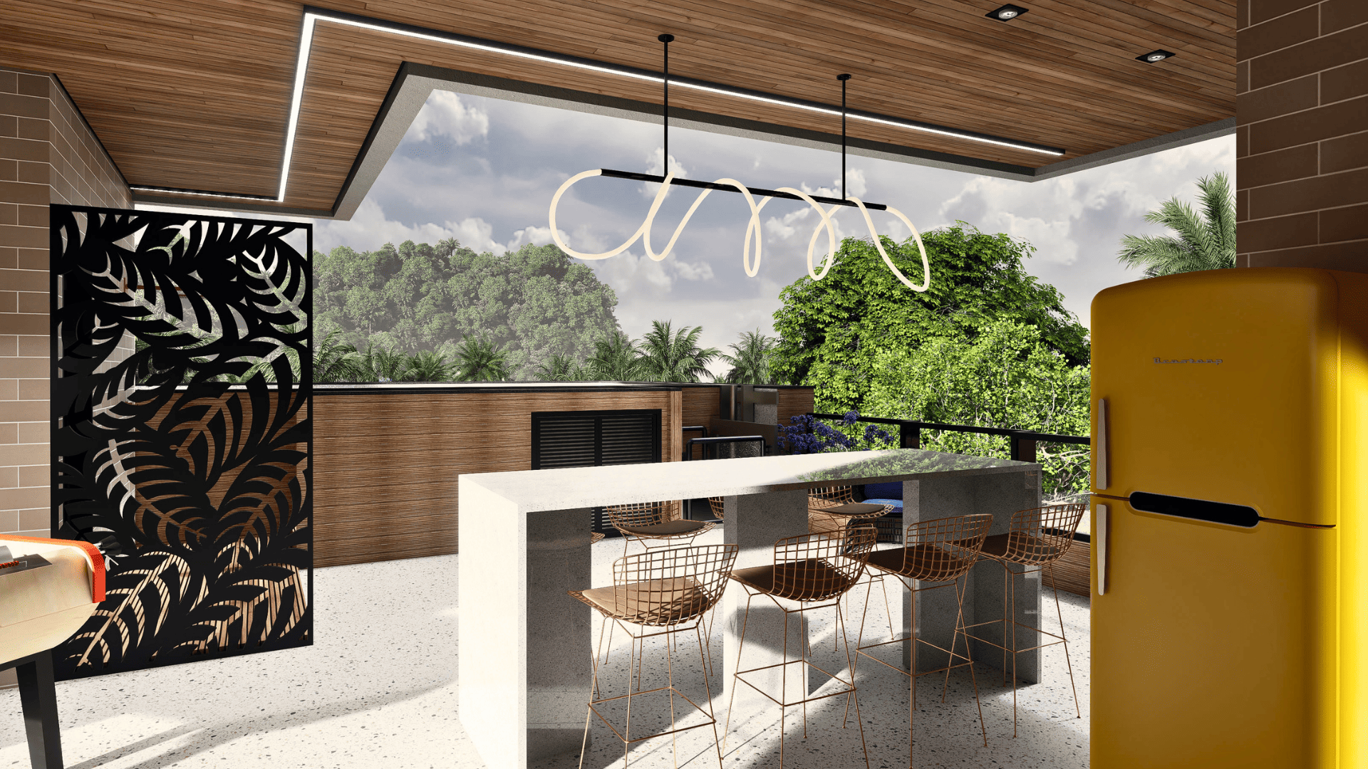 Bancada gourmet integrada com vista para a serra e área de convivência