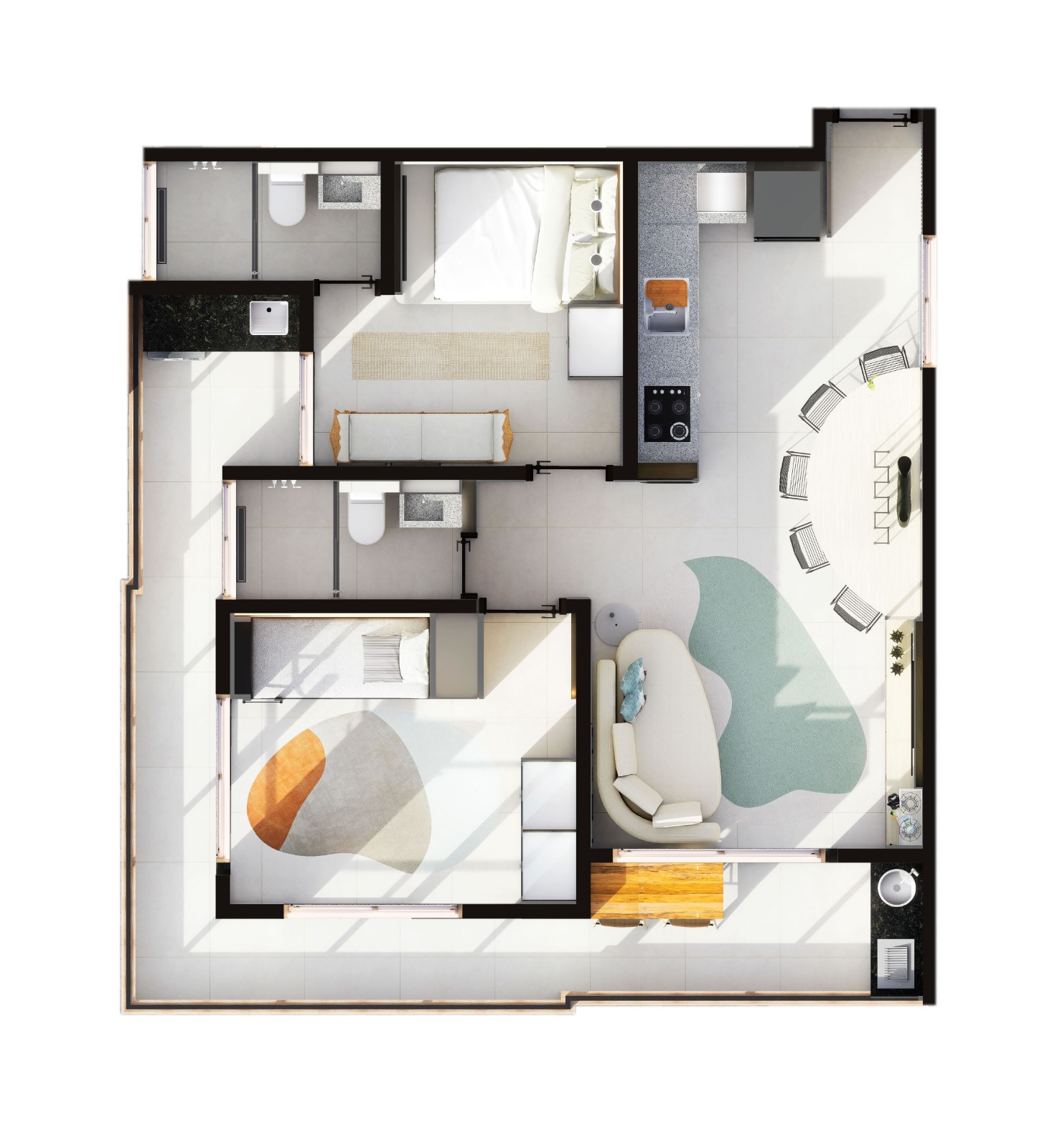 Planta ilustrada do apartamento de 77-torre-b m²