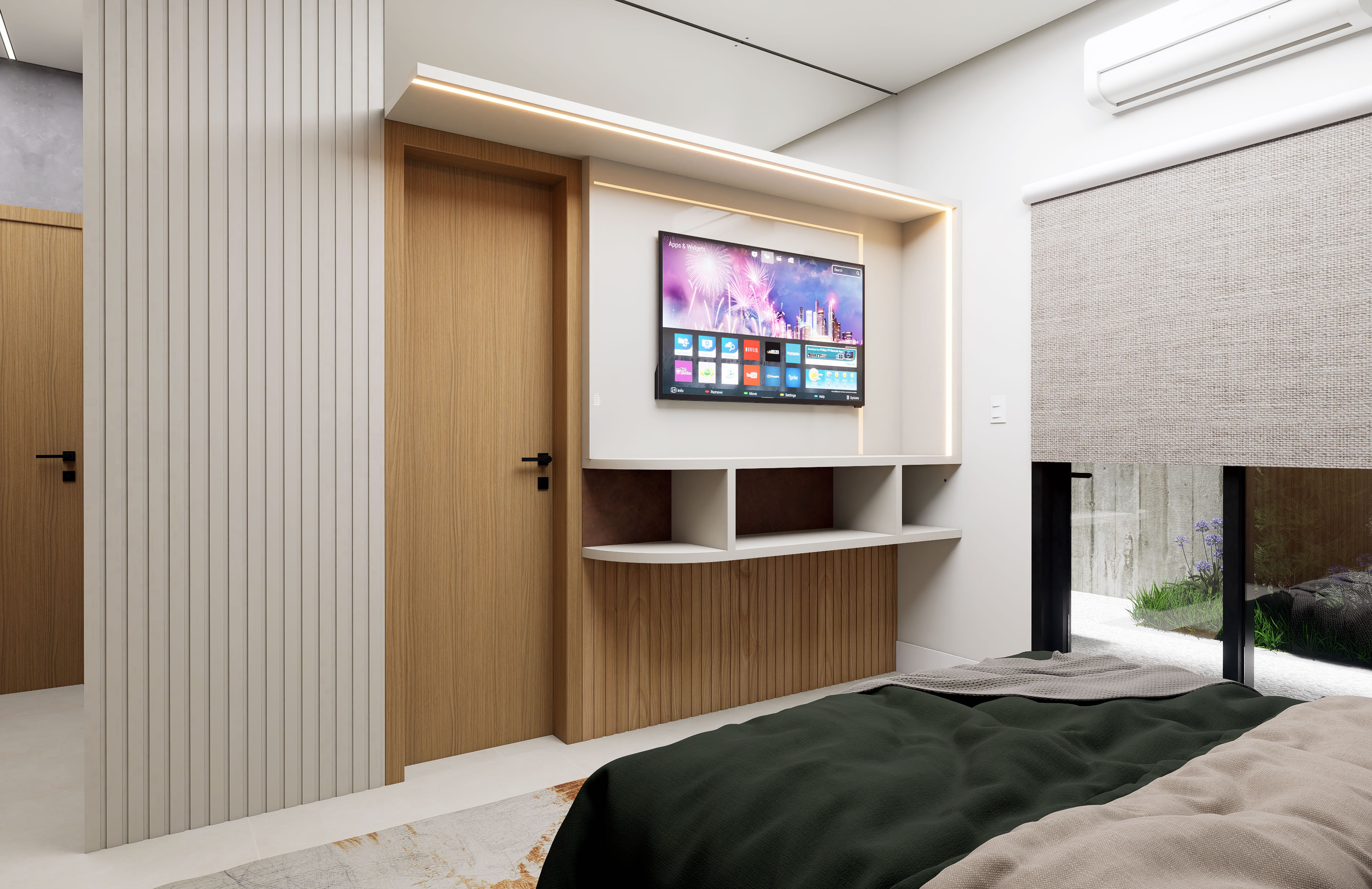 Suíte do apartamento térreo com painel ripado e vista para o garden
