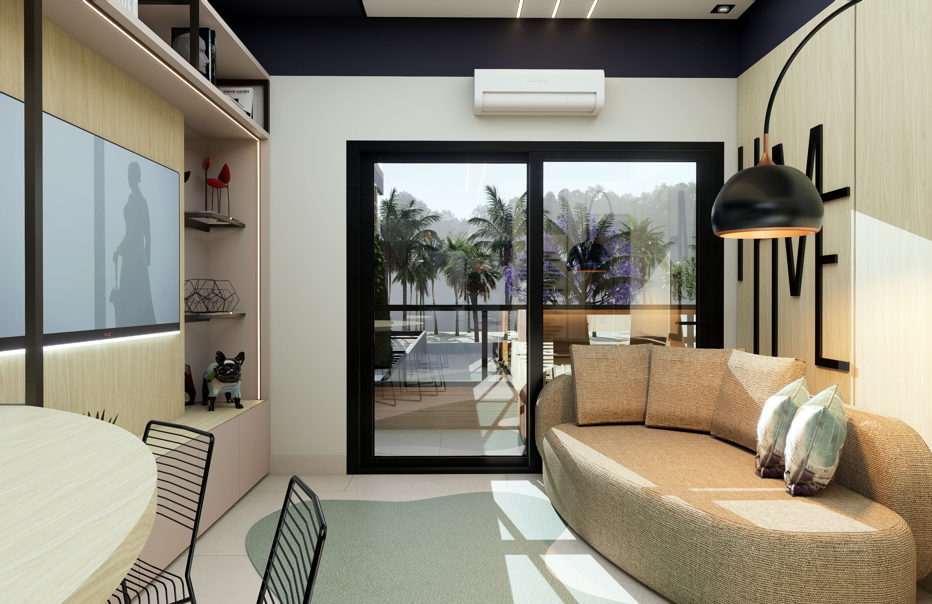 Perspectiva do espaço social do apartamento 77 m² Torre B com living integrado e varanda